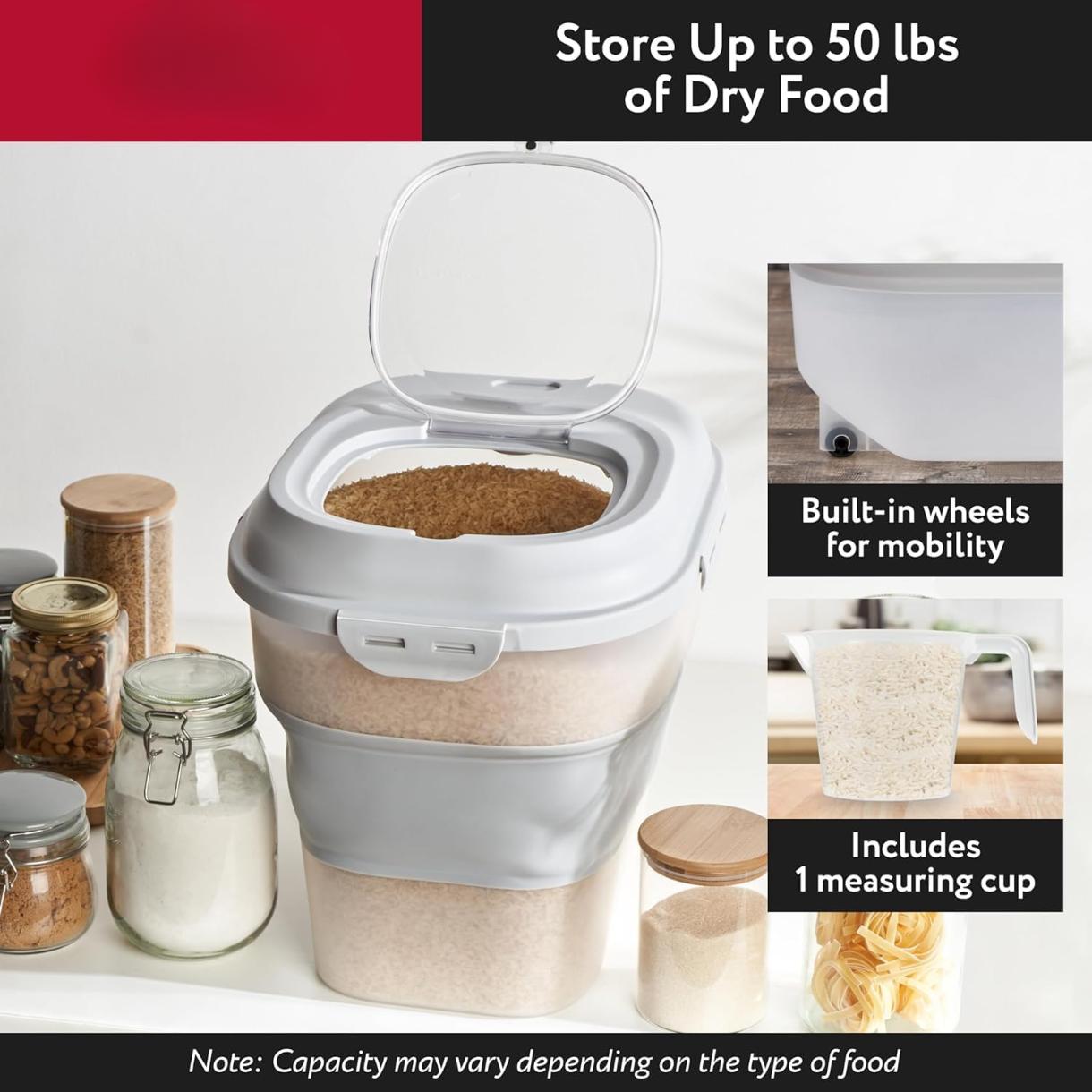 Rice Container 50 Lbs Storage - 50Lb Rice Storage Container 50 Lbs Flour Storage - Rice Container Storage Large Food Container - Dog Food Storage Container Pet Food Container Storage (Gray)