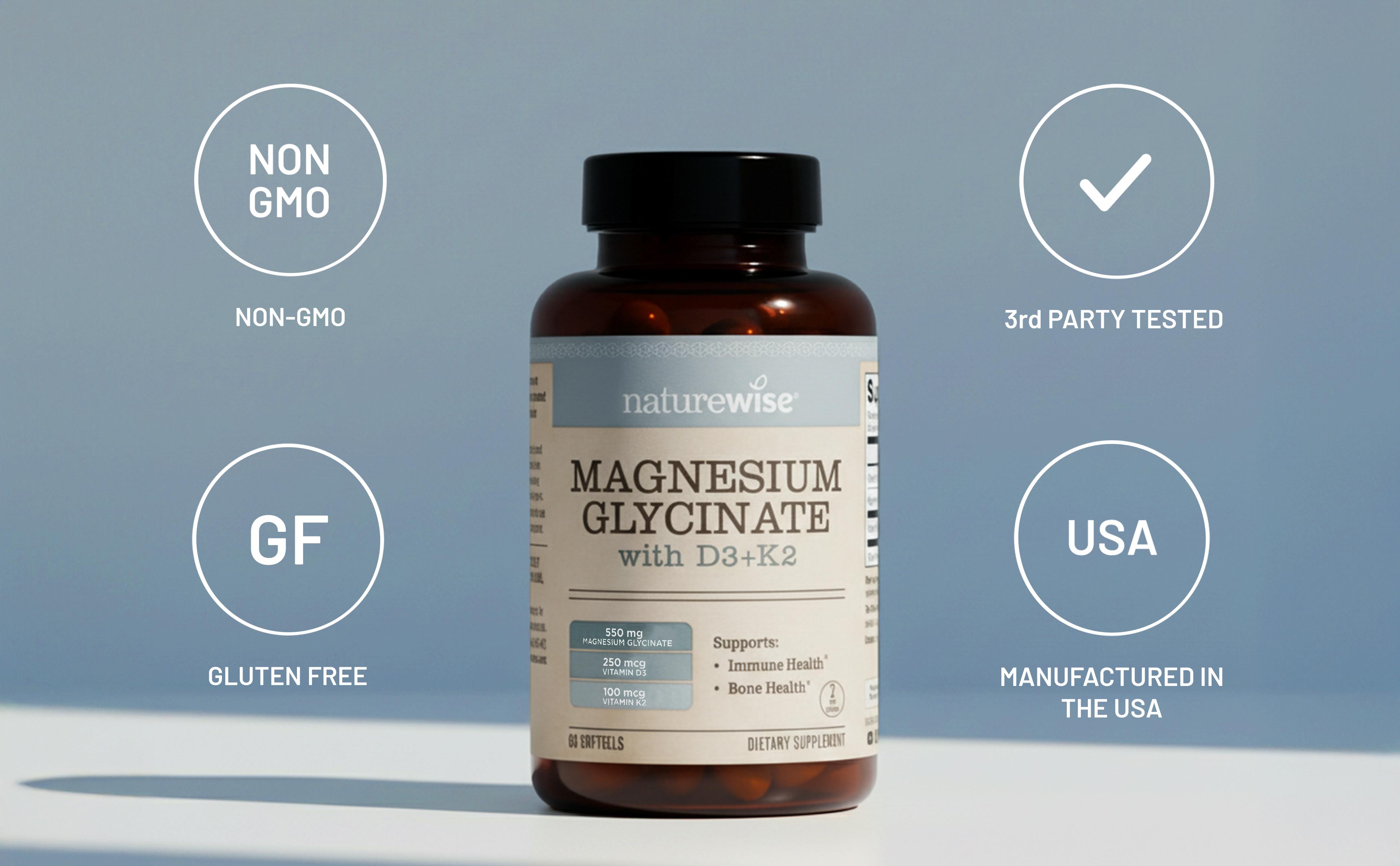 NatureWise Magnesium Glycinate 550mg + High-Dose Vitamin D3 K2 100 mcg - Chelated Magnesium Glycinate + Vitamin D3 K2 Softgels for Bone Support - Non-GMO, USA Manufactured NatureWise Magnesium Glycinate 550mg + High-Dose Vitamin D3 K2 100 mcg - Chelated Magnesium Glycinate + Vitamin D3 K2 Softgels for Bone Support - Non-GMO, USA Manufactured