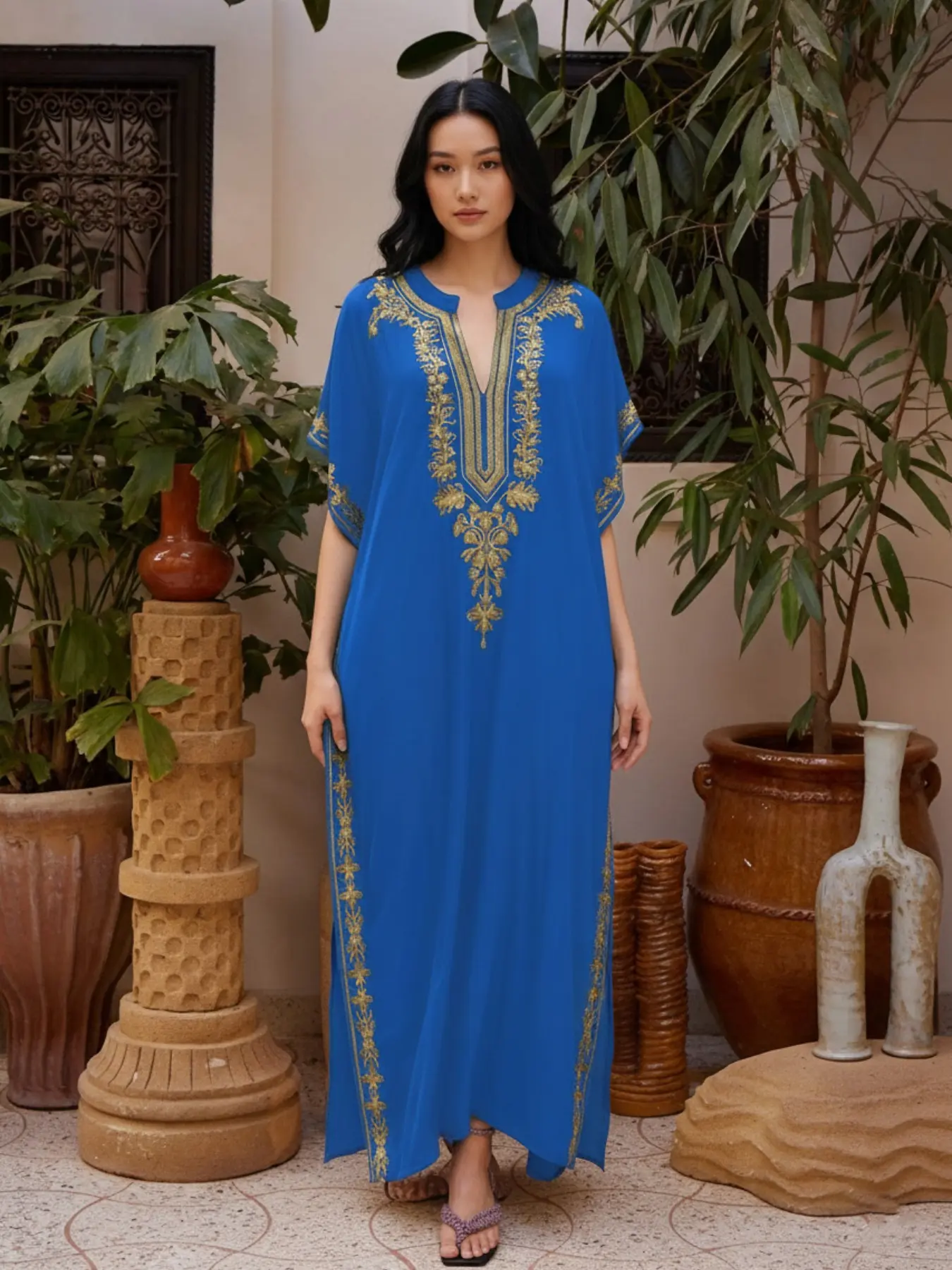 Women's Ethnic Loose-Fit Casual Kaftan Robe, Short Sleeves Split Design, All-Seasons Daily & Holiday, Boho Caftan, Ethnic Print Kaftan, Ethnic Pattern Kaftan, Casual Kaftan Dress, Maxi
