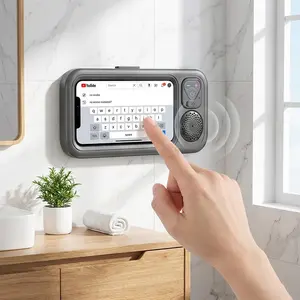 Shower Phone Holder with Wireless Bluetooth Speaker, Waterproof 480 Rotation Viewable Shower Phone Stand Case Mount Speakers for Bathroom Wall Mirro for 4"- 6.8" Cell Phones(Black)