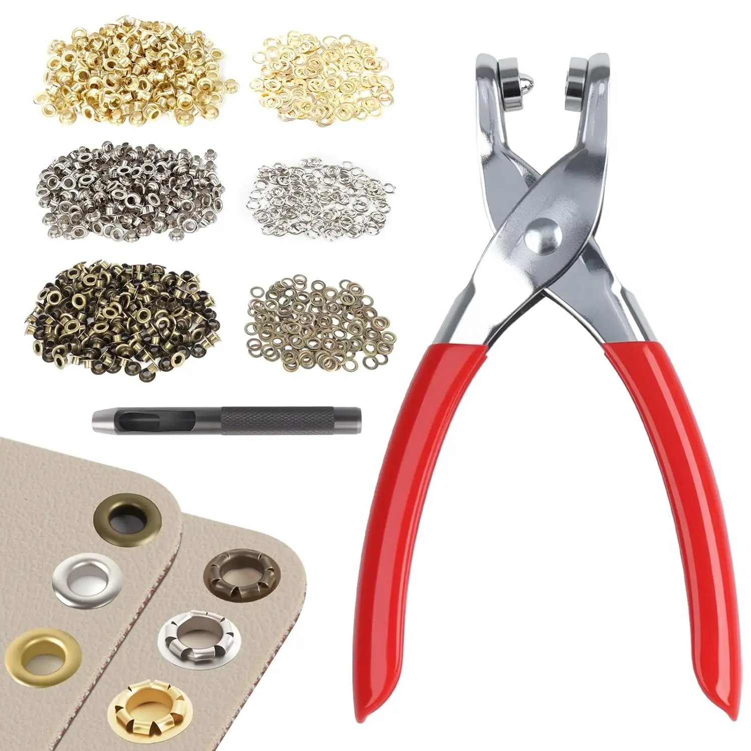 1203-Piece DIY Grommet Tool Kit for Adults, 1/4 in Light Duty Chrome Steel Eyelet Pliers with Easy-Grip Plastic Handle, 1200 Metal Eyelets with Gold, Silver, Bronze Washers for Thin Crafts (Manual Hardware Fastener Tool)