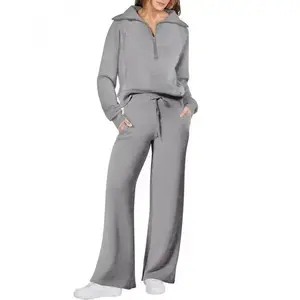 Women's2PieceOutfitsCasualLapelHalfZipSweatshirtsAndWideLegPantsTracksuitSets