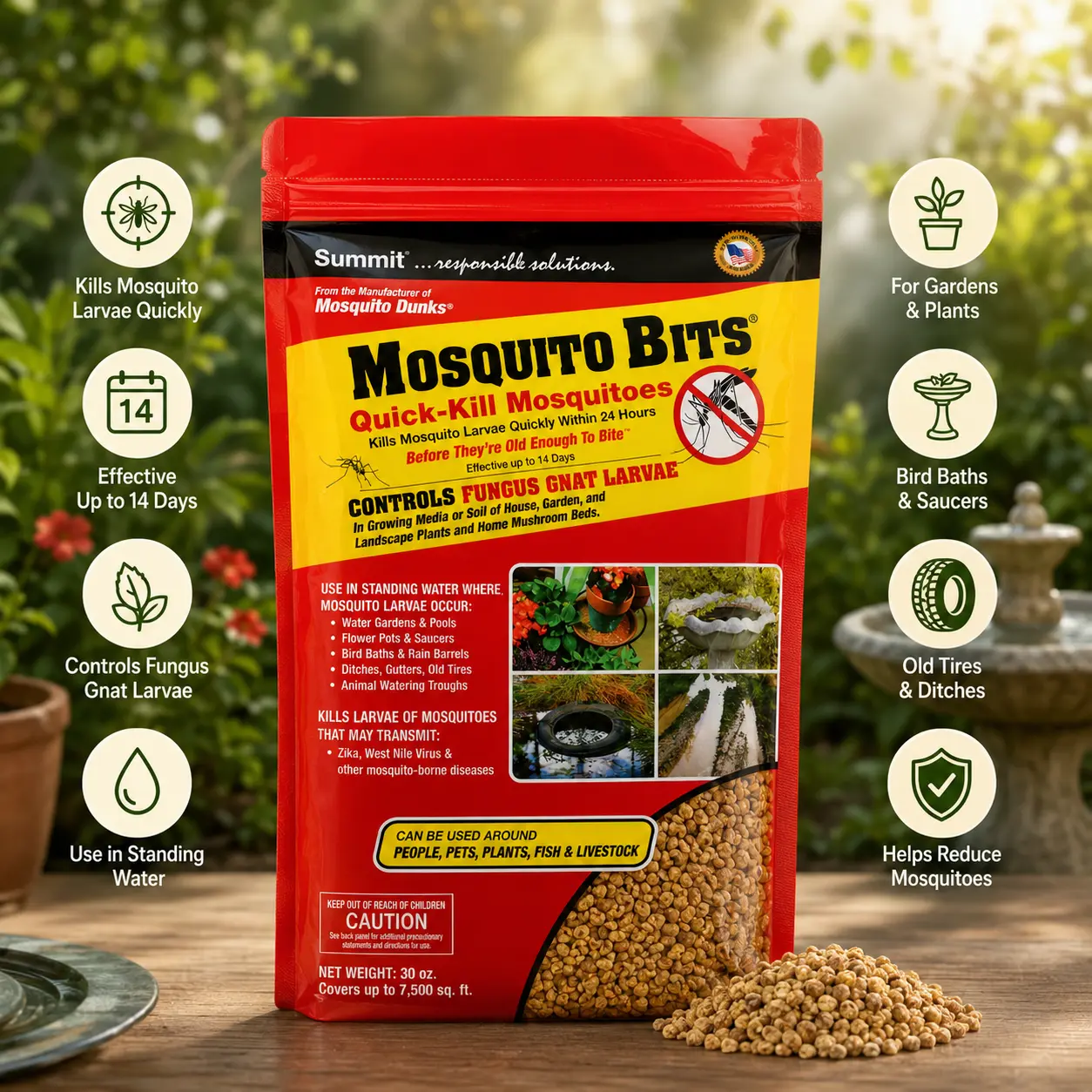 SUMMIT CHEMICAL CO 117-6 30oz Granular Mosquito Bits - Outdoor Residential Pest Control, Corn Cob Base Insect Killers, Quick Kill Larvae Control for Plants, Granular Bits