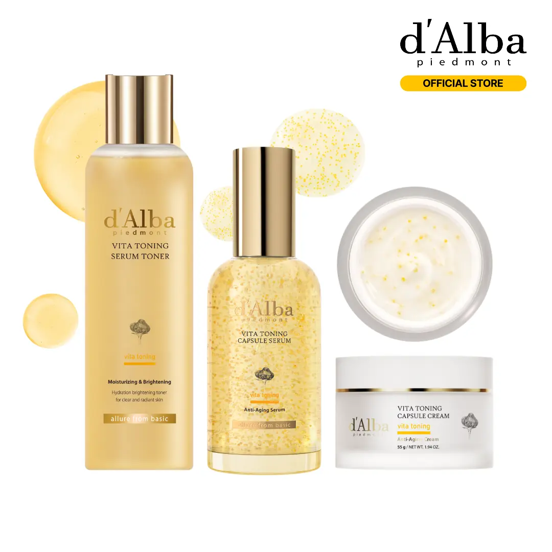 [OFFICIAL d'Alba] [Set] Daily 3 Step Radiant Glow Full Skincare Set l Vita Toning Line l Even Out Skin & Reduce Dark Spots l Simplify Your Skincare with All-In-One Vitamin Routine l Toner + Serum + Cream