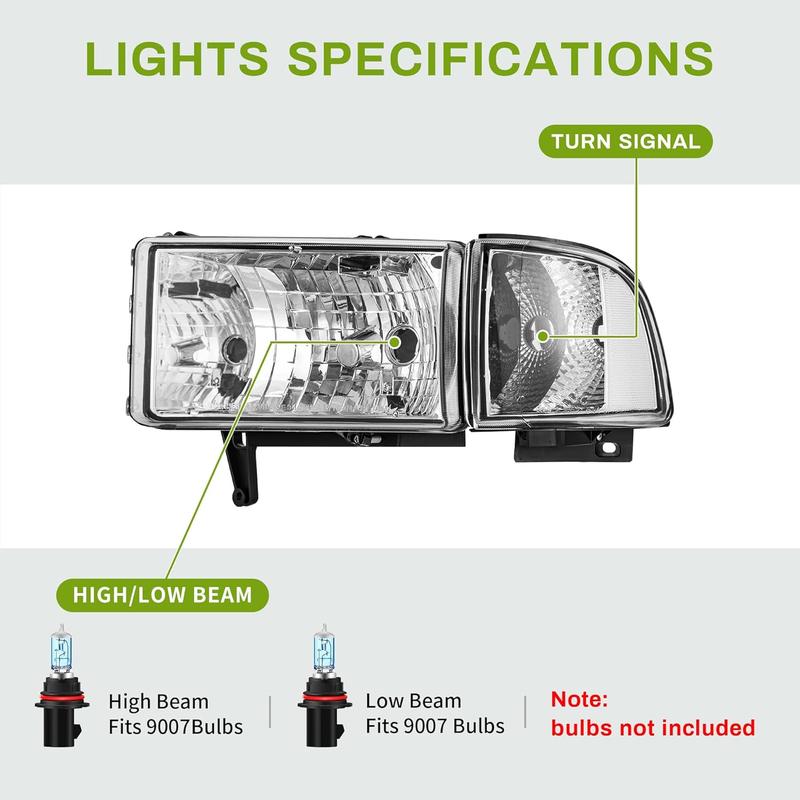 YITAMOTOR Headlights Assembly Compatible with 1994-2001 Dodge Ram 1500/1994-2002 Ram 2500 3500 Chrome Housing Clear Reflector Clear Lens with Corner Lights