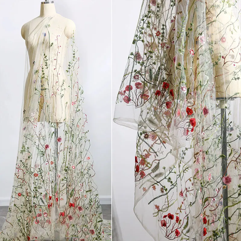 Lace Fabrics, Seaweed Flower Embroidery Lace Fabric, Soft Mesh, Multicolor Floral Tulle Fabric, Fashionable Design for Sewing and Decoration (White)