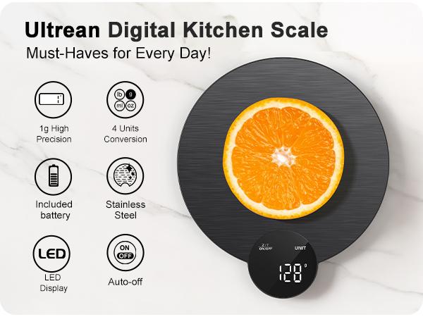 Ultrean Food Scale Digital Kitchen Scale, HD LED Display, Stainless Steel, 4 Units, Batteries Included, 11 lb (5 kg)