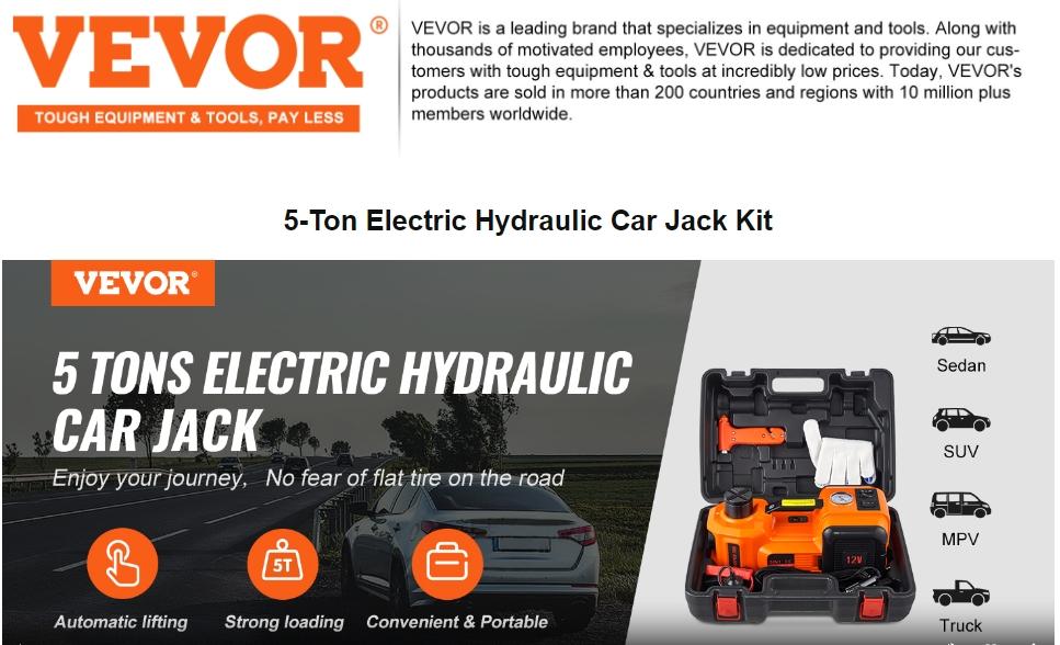 VEVOR 12 in 1 Electric Car Jack Set,  Max 5 Ton/11023 LBS Hydraulic Jack with Electric Impact Wrench, Built-in Inflatable Pump and LED Light, Portable Car Lift for SUV MPV Sedan Truck Change Tires Garage Repair VEVOR Super Brand Day