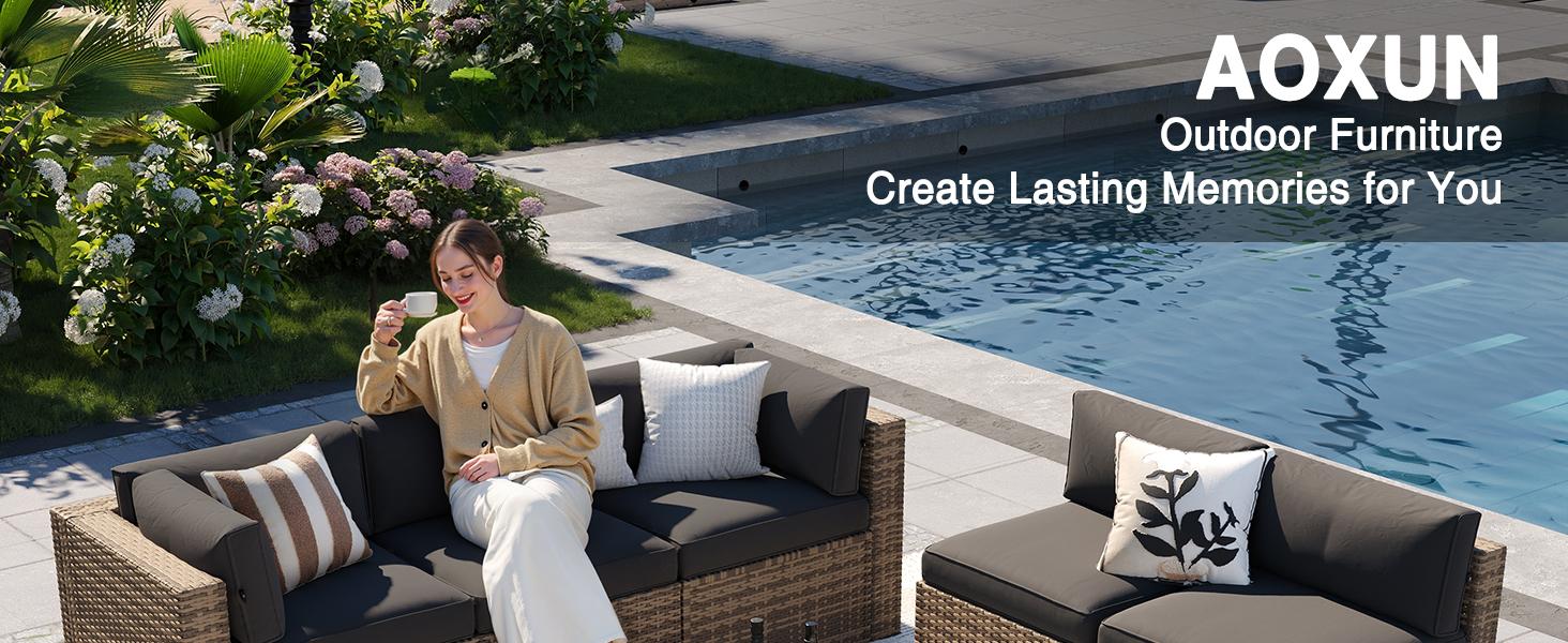 【2 Packages Shipping】Aoxun Patio Furniture Sets, 7-Piece Outdoor Patio Furniture with Thick Cushions, Wicker Outdoor Conversation Set Sectional Sofa for Backyard, Poolside, Garden