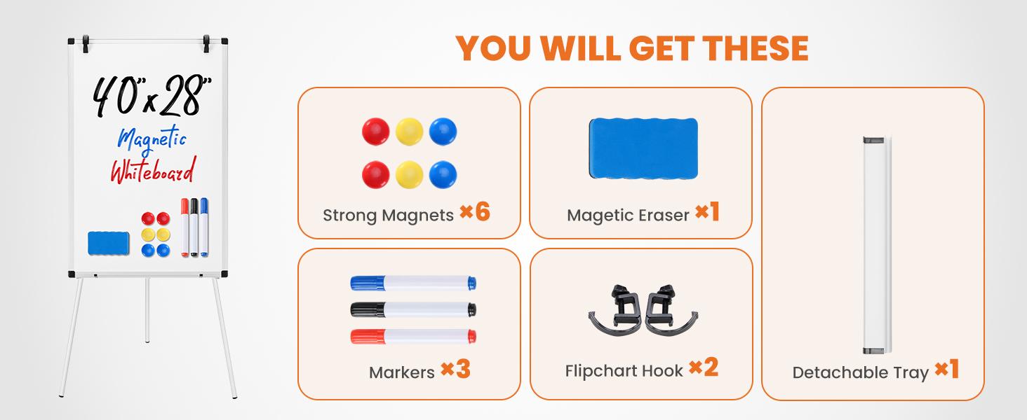 Whiteboard Easel 40 x 28 Inches, Magnetic White Board Dry Erase, Porbable Boards Height Adjustable, Dry Erase Board with Stand for School, Office and Home, Silver Aluminium Frame