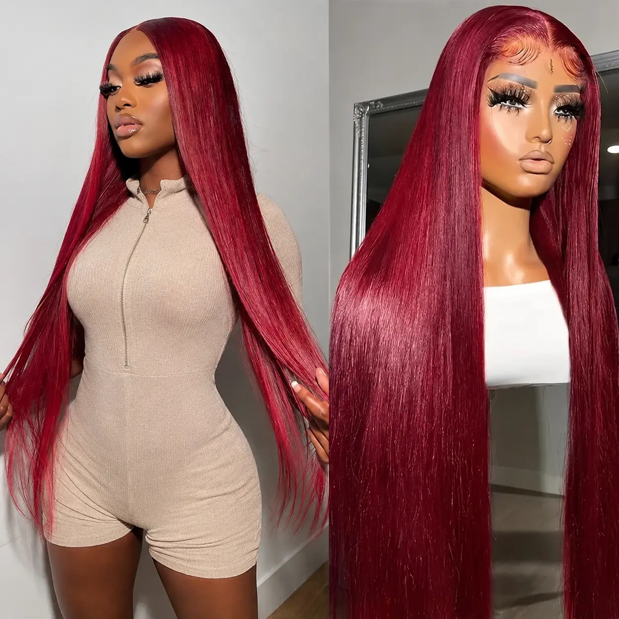 Erqq 13x6 Synthetic Lace Front Wig Long 99j Burgundy Straight Wig for Women 30inch/76cm Pre Plucked Natural Hairline Synthetic Heat Resistant Fiber for Daily Party Use (99j Burgundy Colored Wig) summerwig，budgetfriendlywigs