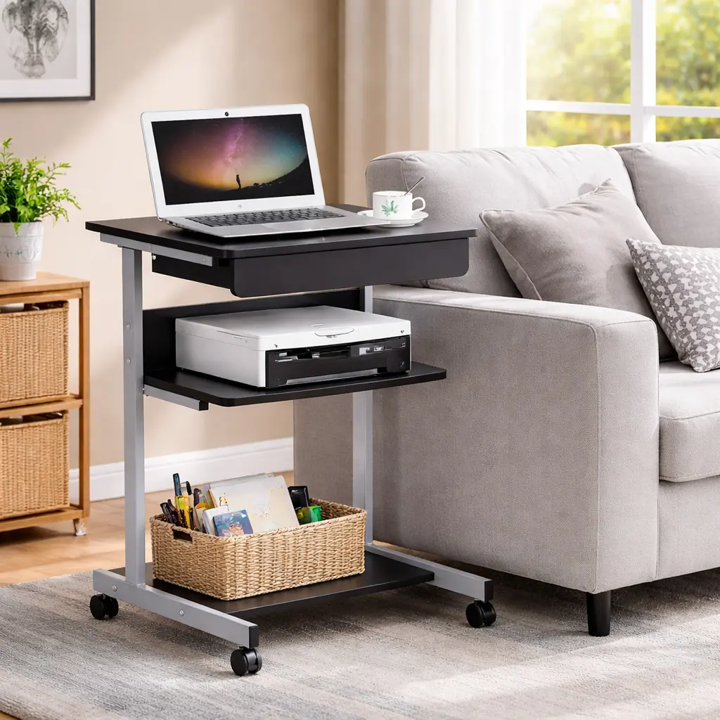 Yaheetech Small Portable Standing Rolling Laptop Desk - Wood Workstation with Drawer, Printer Shelf, Mobile Home Office Writing Table for Small Spaces, Portable Desk, Standing Rolling Desk tiktokshopbacktoschool