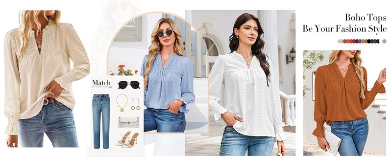 Mundoven Boho Tops for Women V Neck Blouses Flowy Swiss Dot Dressy Casual Lace Womens Long Sleeve Shirts Trendy 2026