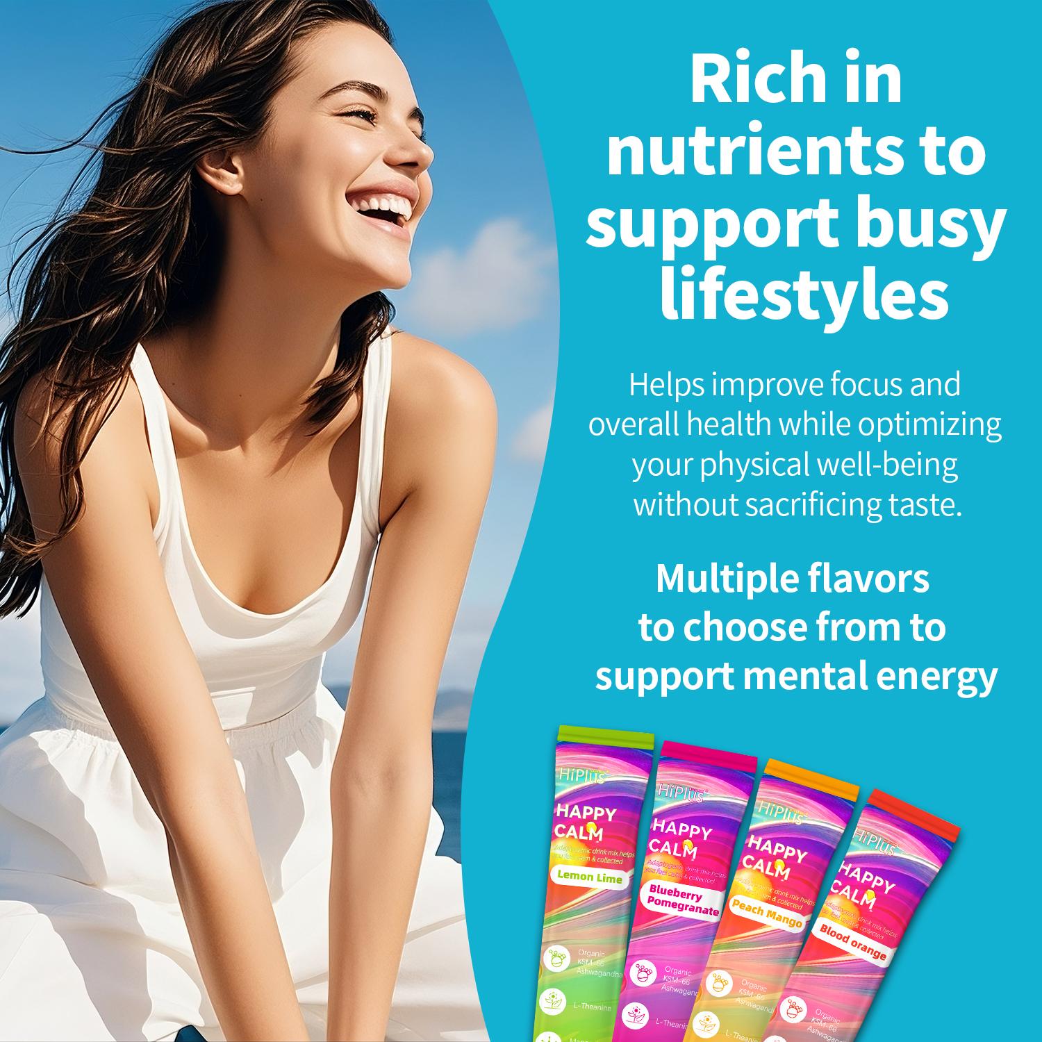 HiPlus Happycalm – Calming Drink Mix with KSM-66 Ashwagandha, Vitamin D3, Magnesium & L-Theanine(Multi-flavor) – Supports Cortisol Balance, Mood & Sleep, Helps Manage Occasional Stress – Travel Packets (20 Servings)