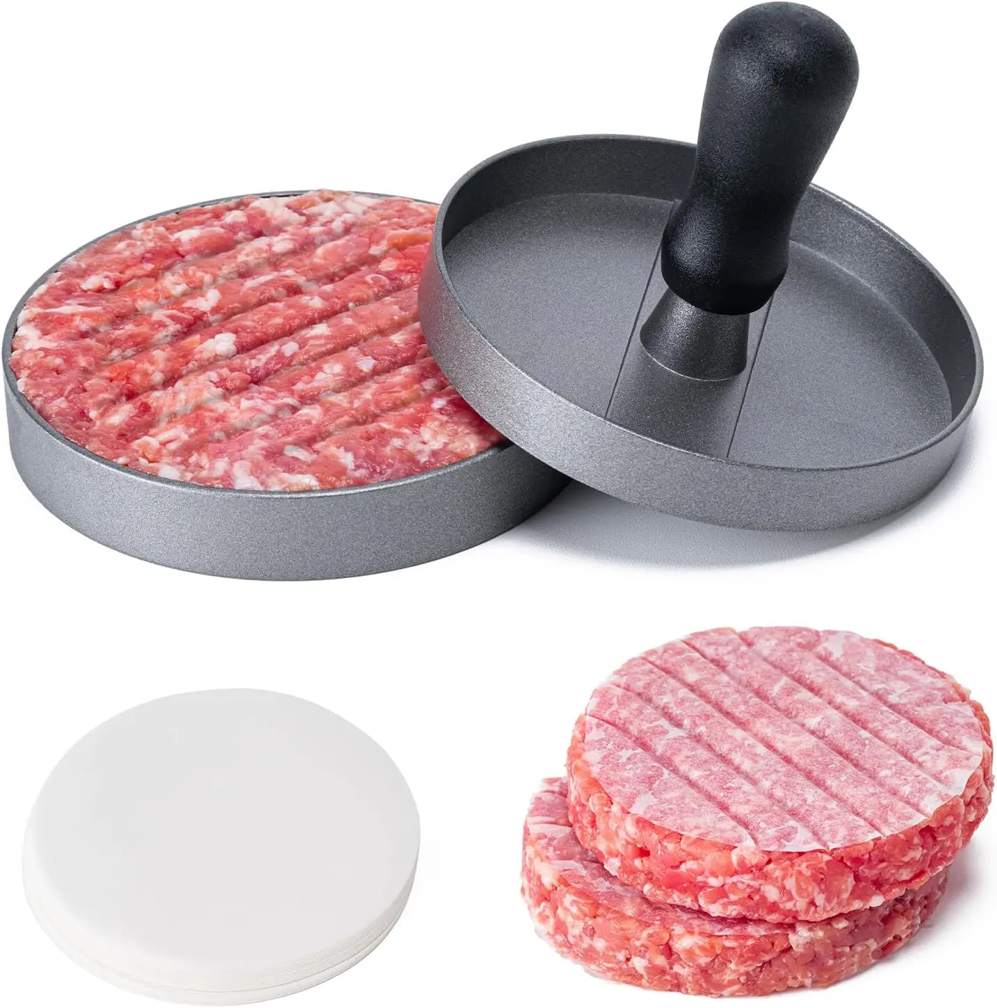 Burger Press Kit with 100 Patty Papers 4.5” Non-Stick Hamburger Patty Maker Aluminum BBQ Burger Smasher for Perfect Beef Chicken & Veggie Patties