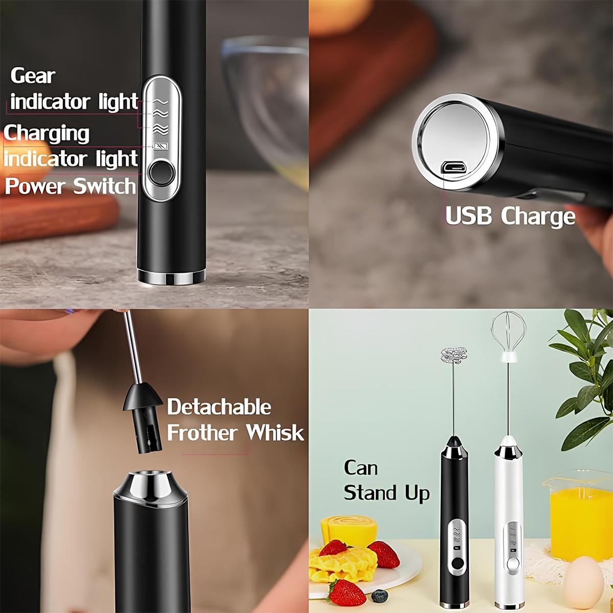 Rechargeable Handheld Milk Frother Wand for Coffee,Waterproof Detachable 3-Speed Adjustable Drink Mixer & Milk Foamer with 3 Stainless Steel Whisks for Lattes, Cappuccino