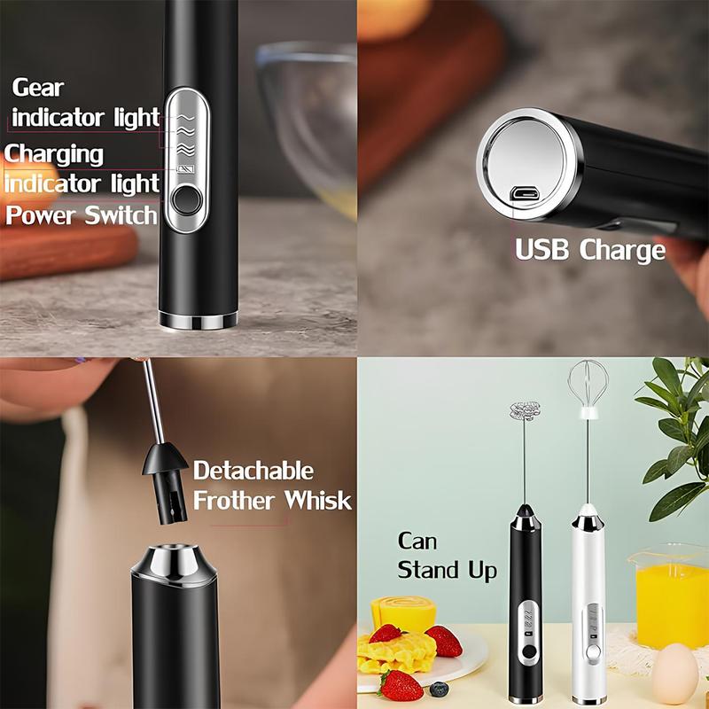 Rechargeable Handheld Milk Frother Wand for Coffee,Waterproof Detachable 3-Speed Adjustable Drink Mixer & Milk Foamer with 3 Stainless Steel Whisks for Lattes, Cappuccino