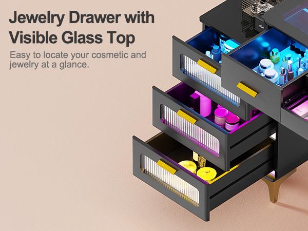 Miu Vanity Set with 24-Color RGB Lights, Wireless Charging, HD Mirror, 6-Drawer Chest & Big Storage Furniture Organizing - Modern