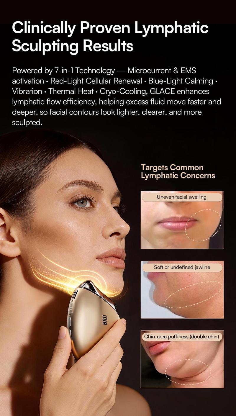 INIA GLACE Microcurrent Lymphatic Drainage Beauty Device | EMS Microcurrent-Activated Deep Drainage with Red & Blue Light, Thermal & Cryo Therapy for Instant De-Puff, Snatched Lift, Face & Neck Sculpting, Best Valentine's Day Gift for Her