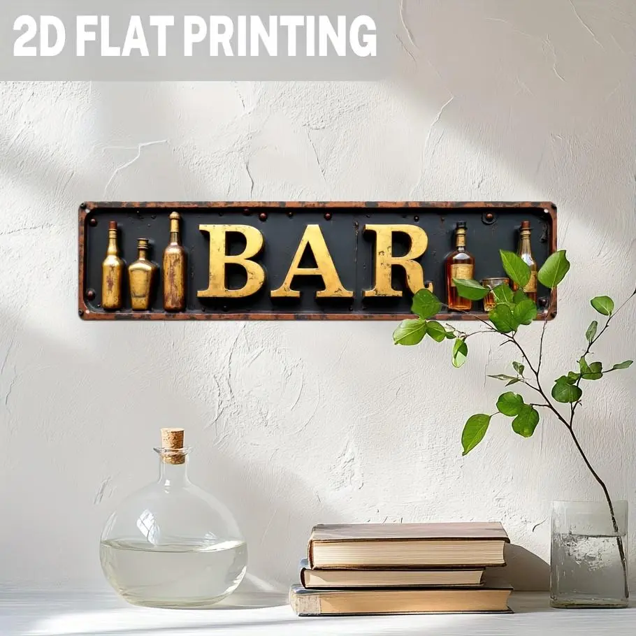 2D Flat Design Tin Bar Decorative Wall Plaque - Beer-Theme Decor, Bottle & Glass Print, Vintage Pub Wall Mount, Garage Sign, Metal Home Decor Supplies Art, Gift for Husbands Bros for His Space - 3.93x15.74in
