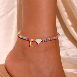 Loyalove Gold Mother of Pearl Heart Initial Anklet with Colorful Seed Beads, Summer Beach Letter Ankle Bracelet Jewelry Gift