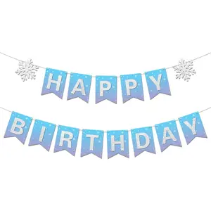 Winter Snowflake Happy Birthday Banner Prestrung intend for Girl Winter Wonderland Frozen Themed Birthday Party Decorations Blue Purple Silver