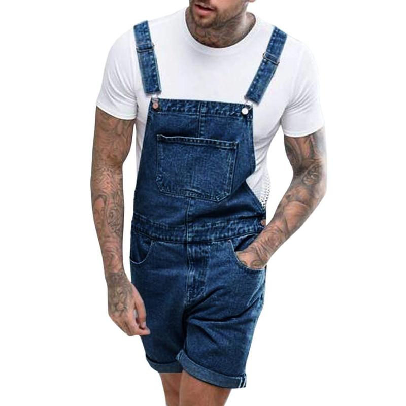 Runcati Men's Denim Shorts Bib Overall Jean Romper Casual Loose Fit Walkshort Button Pockets Summer Jumpersuit