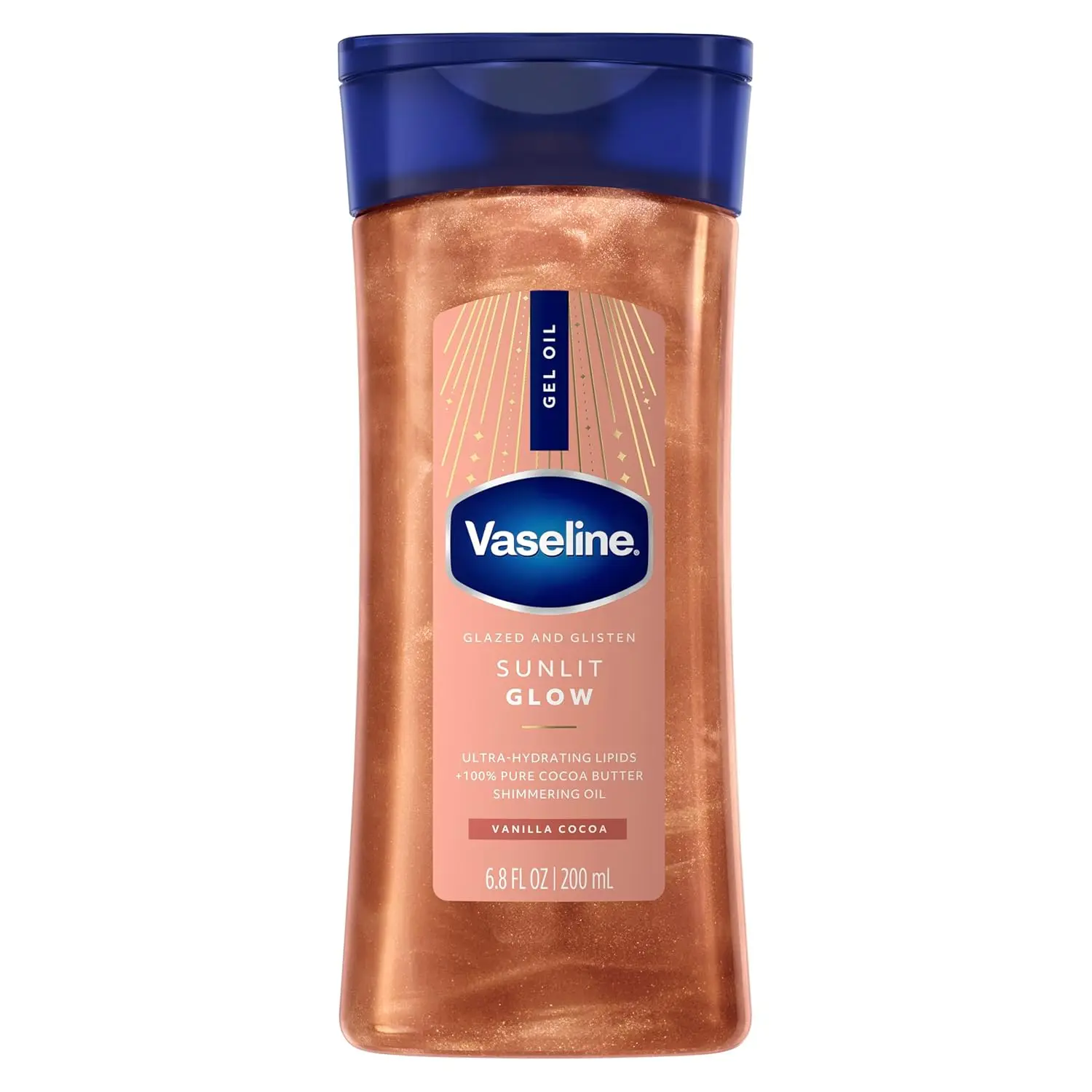 Vaseline Glazed & Glisten Shimmering Body Gel Oil with 100% Pure Cocoa Butter for Radiant, Soft Skin, Vanilla Fragrance, Body Care, 6.8 oz, Aroma, Moisturizing, Glossy Finish, Glow Body Oils