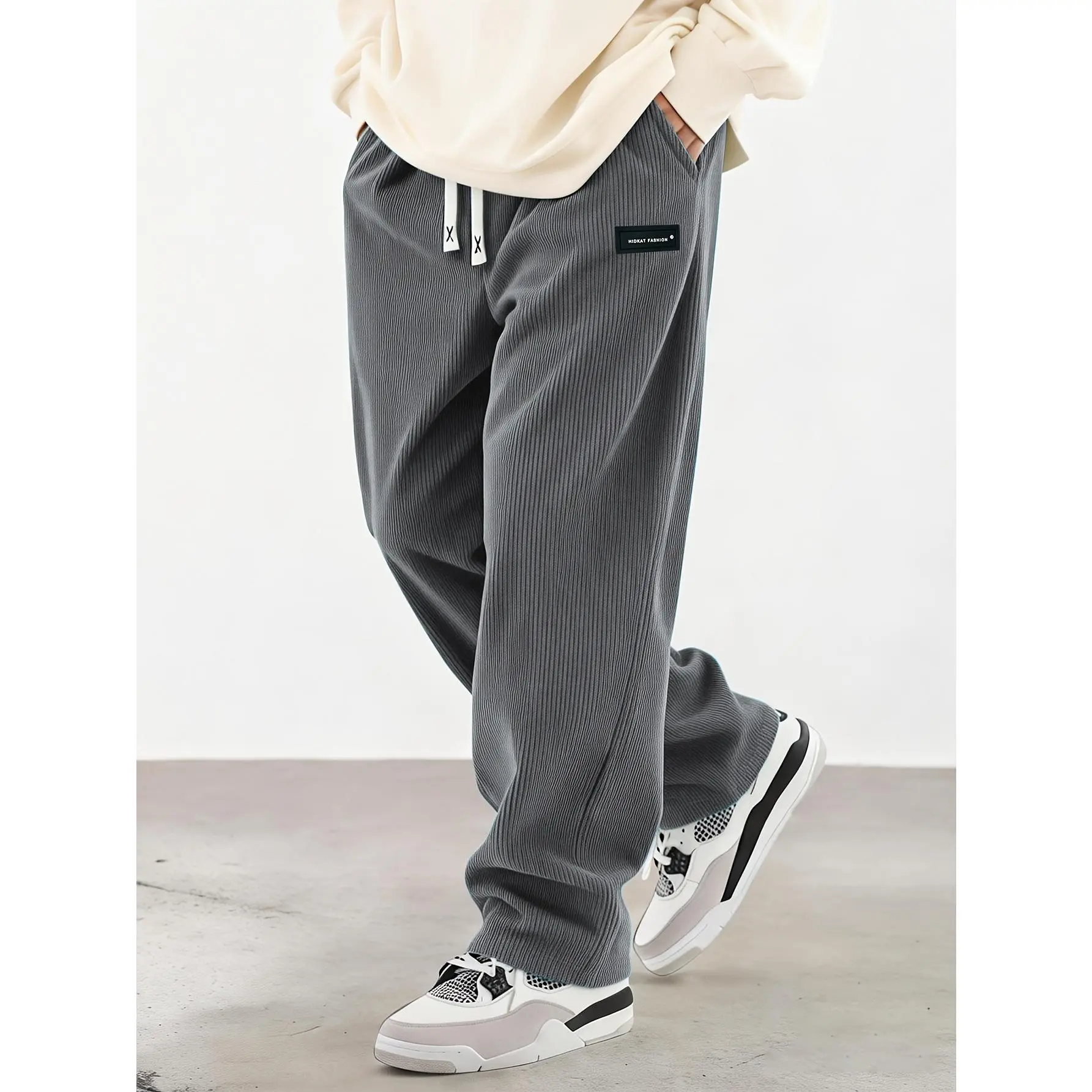 Men's Spring & Autumn Nylon Fabric Corduroy Casual Long Trouser - Menswear, Plain Grey, Lightweight, Soft, Breathable, Elastic Waist, Drawstring Pockets, Wide-Leg Straight Fit, Versatile for Daily Casual Outings, Daily Wear