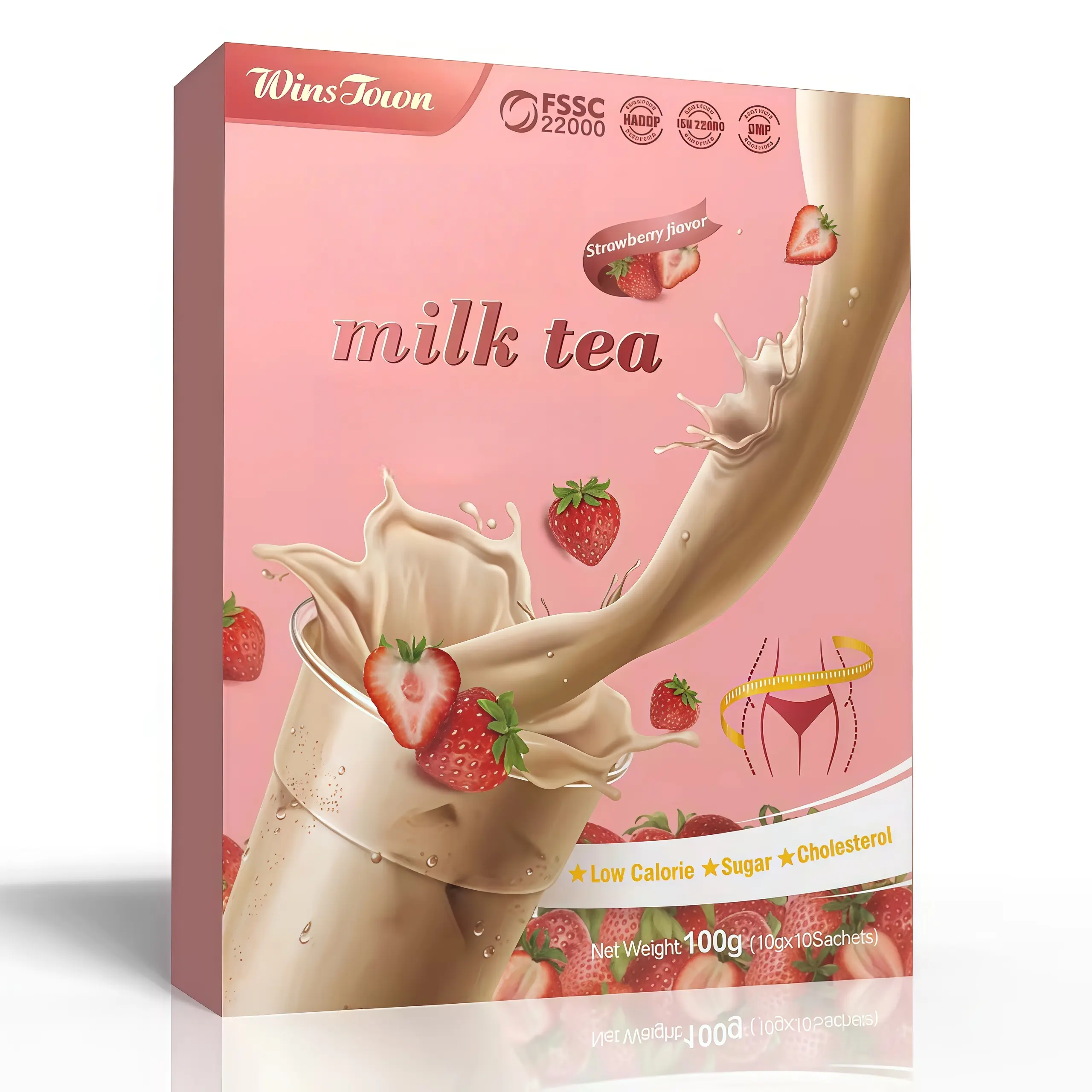 WinsTown Strawberry Milky Instant Milk Tea - 100g, 10 Sachets, Low-Calorie Low Fat Milk Drink for Hot & Cold Brew