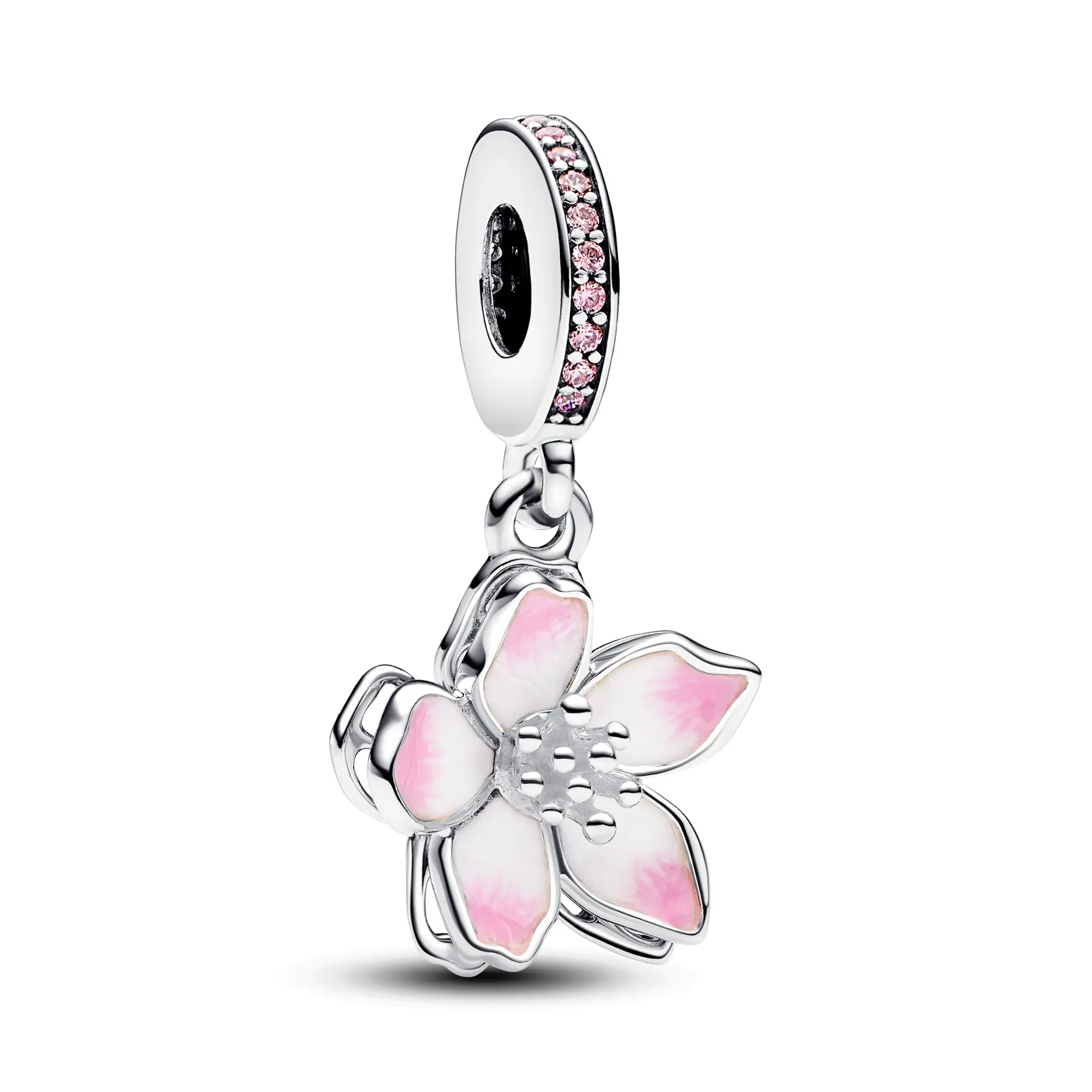 Pandora Cherry Blossom Dangle Charm 790667C01, Enamel Accents, Floral Motif, Pave Bail Detail, Sparkling Zirconia, Bejeweled Style Fashion Accessory Charm Pendant