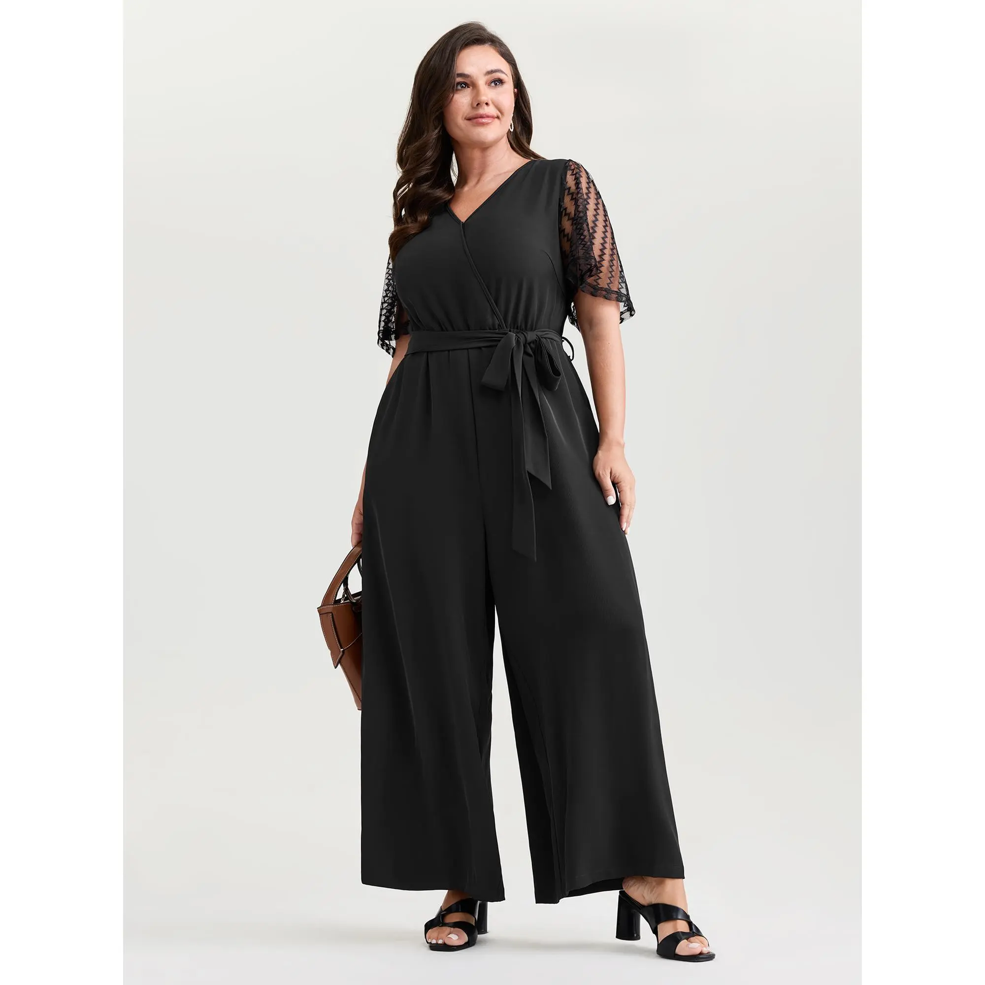 BloomChic Overalls for Women, Plus Size Casual Jumpsuit with Sheer Puff Sleeves, Textured Fabric, and Belted Tie Waist, Plus Size Overalls, Comfy And Cute Overalls