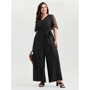 【Summer Turn-Up】BlOOMCHIC Plus Size Textured Sheer Sleeve Stretchy Waist Tie Jumpsuit [M-6X] 2026 Summer Pick for Mother's Day