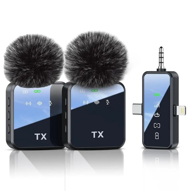 3 in 1 Microphone for iPhone/Android/Camera, 2-Pack Wireless Lavalier MicrophoneWireless Lavalier Microphone, 328ft Transmission, 18H Battery Life, Mini Microphone for Record Interview, Vlogs, YouTube, Tiktok Smartphone Audio