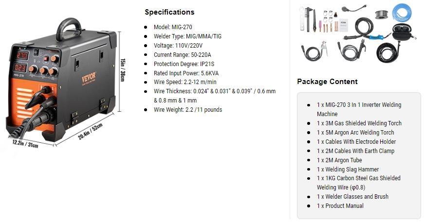 VEVOR MIG Welder, 130-270A Flux Core Welder, 3 in 1 Combo MMA/MIG/LIFT TIG Welder Machine, Portable MIG-130 Welding Machine IGBT Inverter, Automatic Wire Feeding Welder for Stainless Steel VEVOR MIG Welder, 130-270A Flux Core Welder, 3 in 1 Combo MMA/MIG/LIFT TIG Welder Machine, Portable MIG-130 Welding Machine IGBT Inverter, Automatic Wire Feeding Welder for Stainless Steel