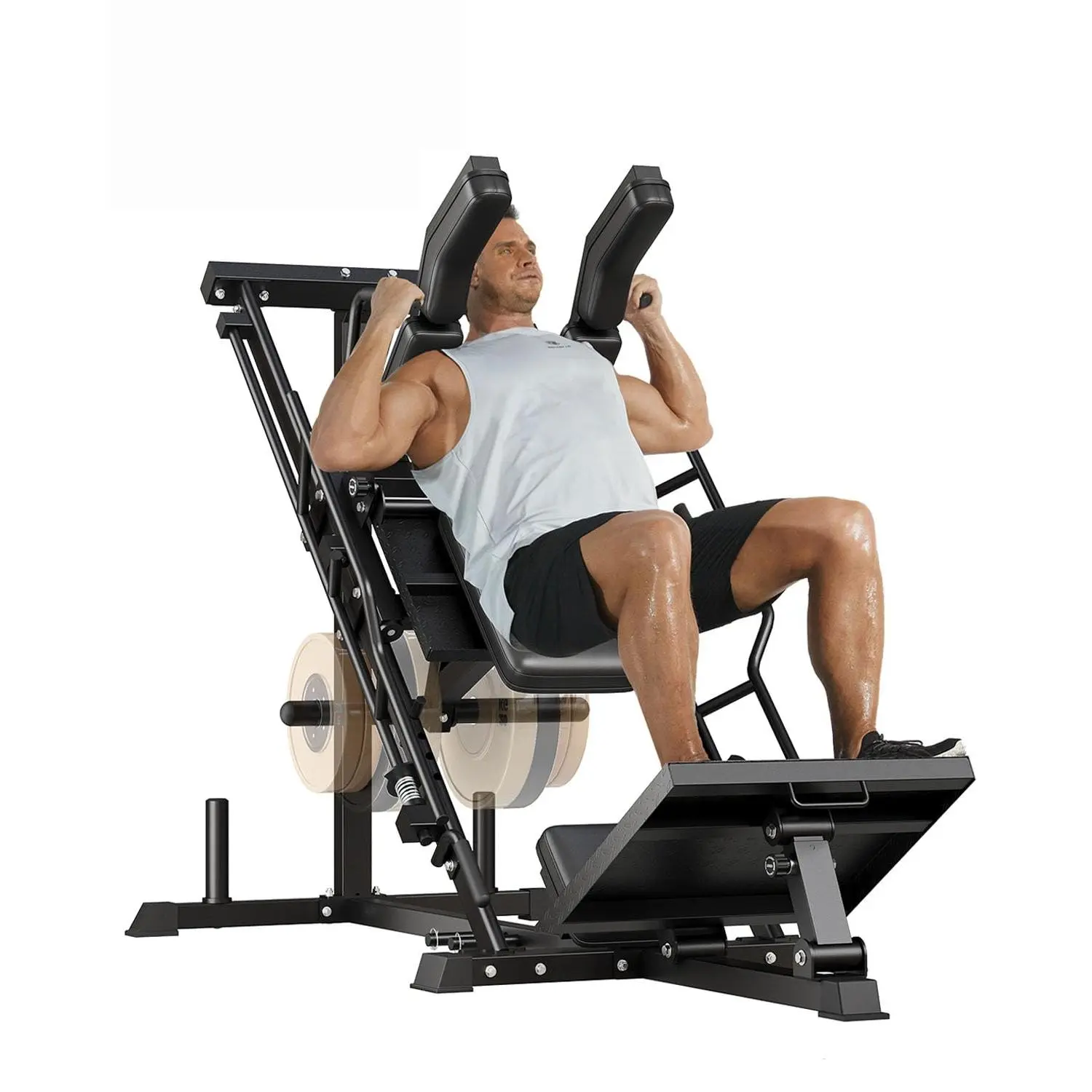 3-in-1 Leg Press and Hack Squat Machine, Home Gym Strength Trainer with Weight Storage Posts for 1in & 2in Plates, Black