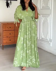 ChicMe Women's Green Dress Plants Print Overlap V Neck Drawstring Sleeve Shirred Waist Maxi Dress Casual Vacation Dress