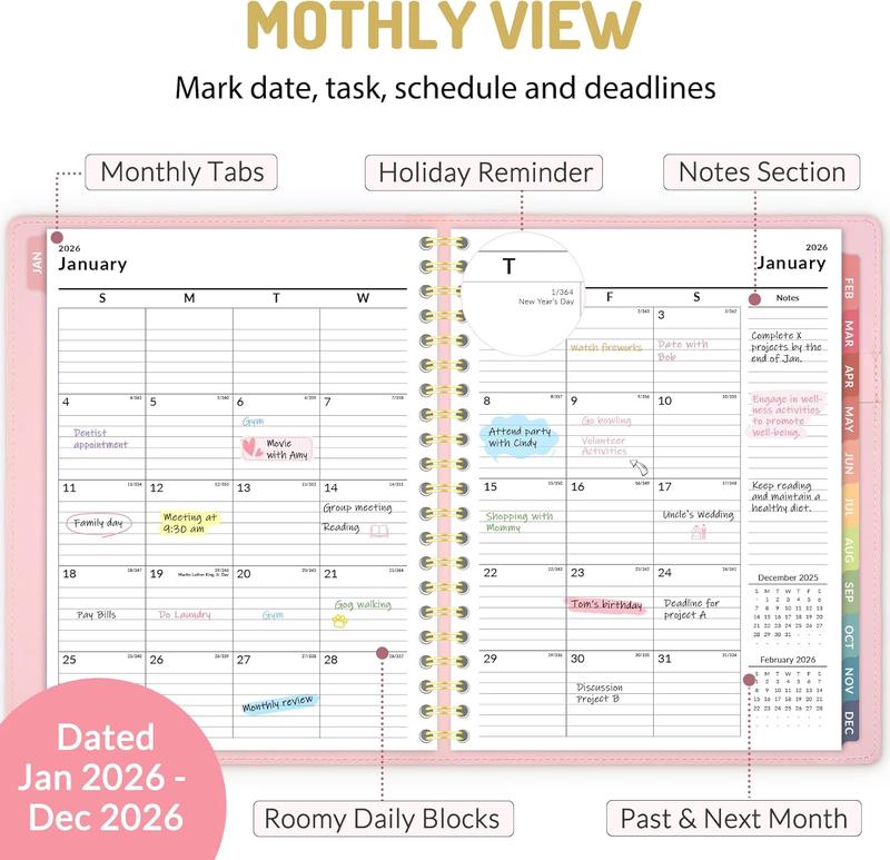 2026 Planner Weekly and Monthly, Jan 2026 -Dec 2026, Vegan Leather Cover Calendar Planner, 8.5" x 11" Agenda with Color Tabs, Inner Pocket, Spiral, 2026 Planner for Office School Supplies