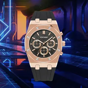 Men's Watch Silicone Band, Quartz Analog Waterproof Multifunction Chronograph Sports Watch for Men with Calendar Black Rubber Strap