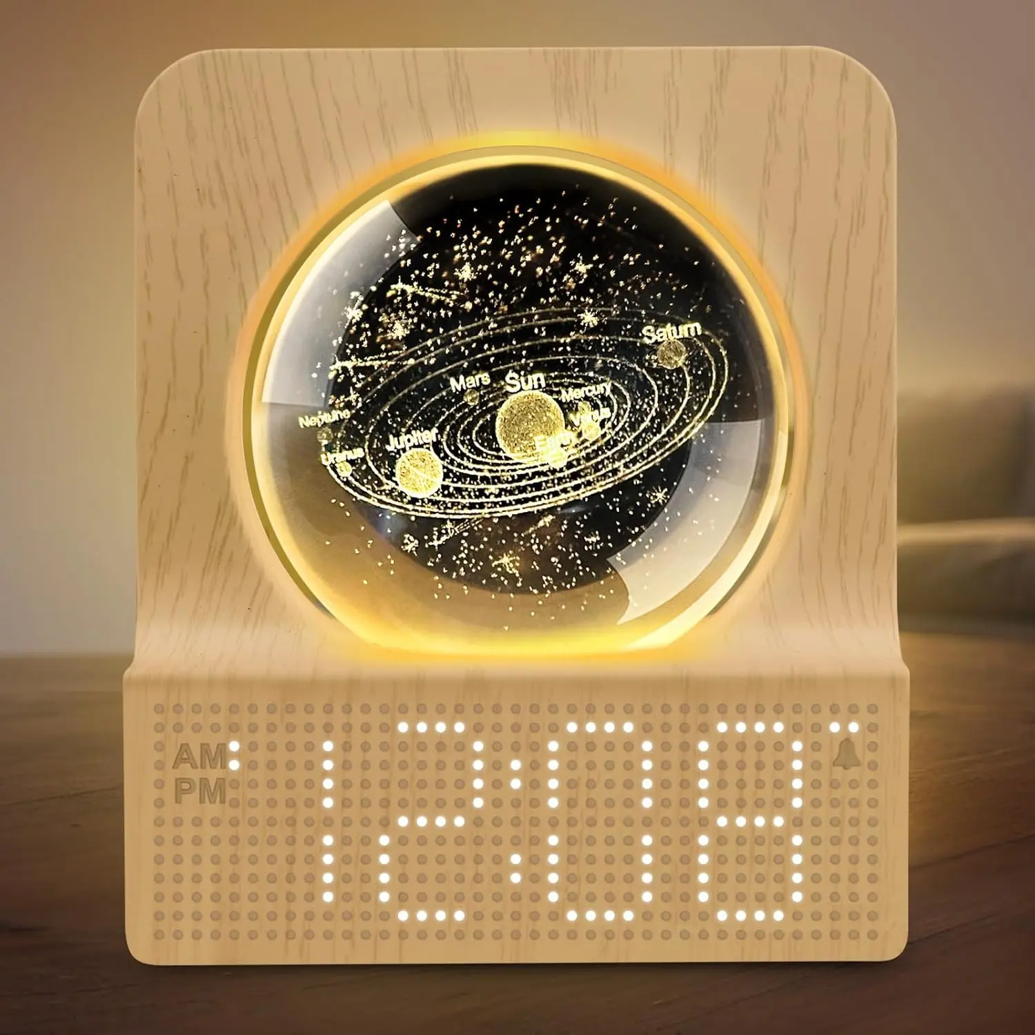 Space Alarm Clock for Kids Teens with RGB Night Light for Bedroom | Small Digital Clock with Colorful Crystal Ball Decor for Living Room Office, Dimmer, Gifts for Boys Girls Women (Wood Grain)