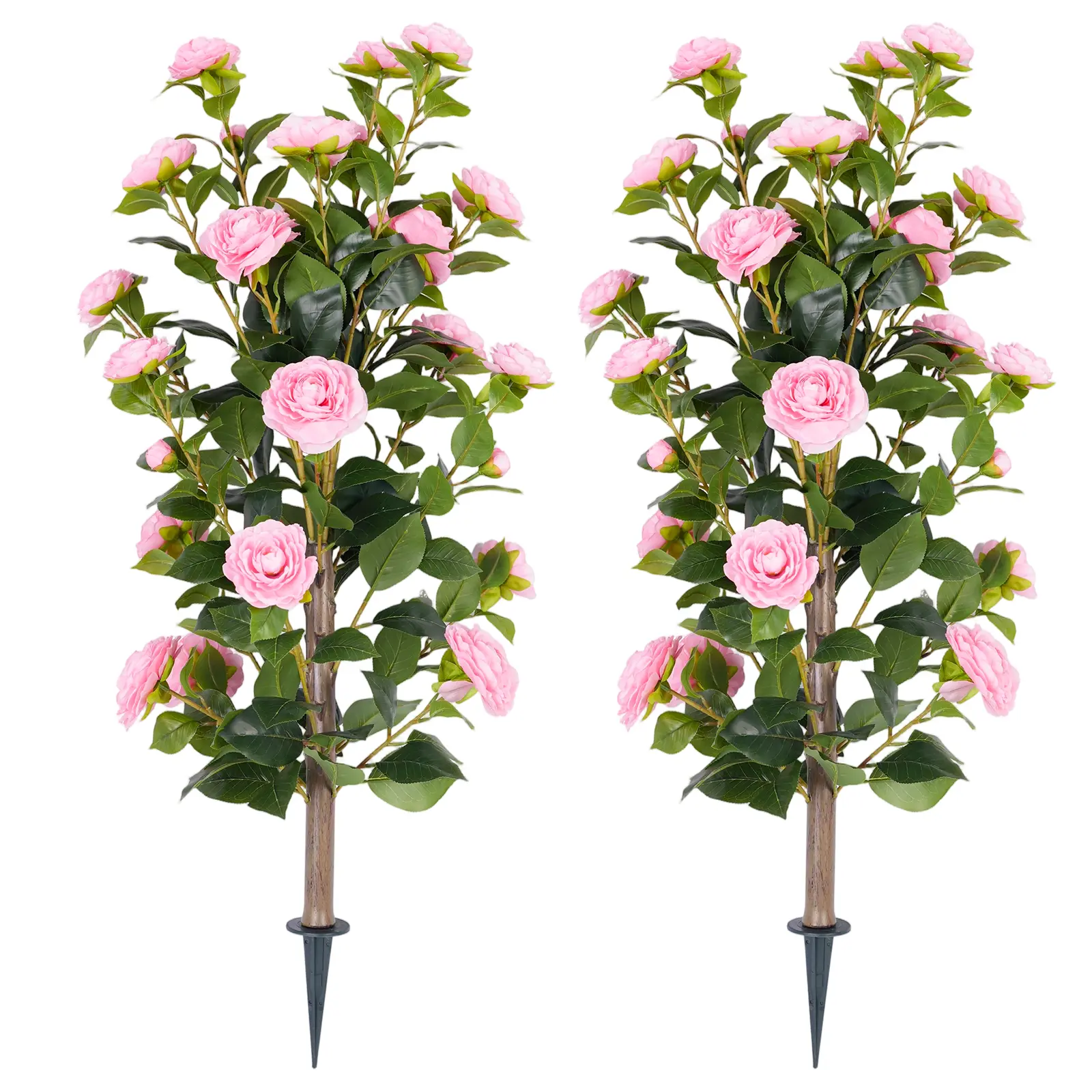 DLD 36" Artificial Camellia Tree with Ground Spike, 2Pack PINK Faux Camellia Flower UV Resistant Floral Blooming Bush for Indoor Outdoor Wedding Front Door Porch Garden Backyard Garden Artificial plant
