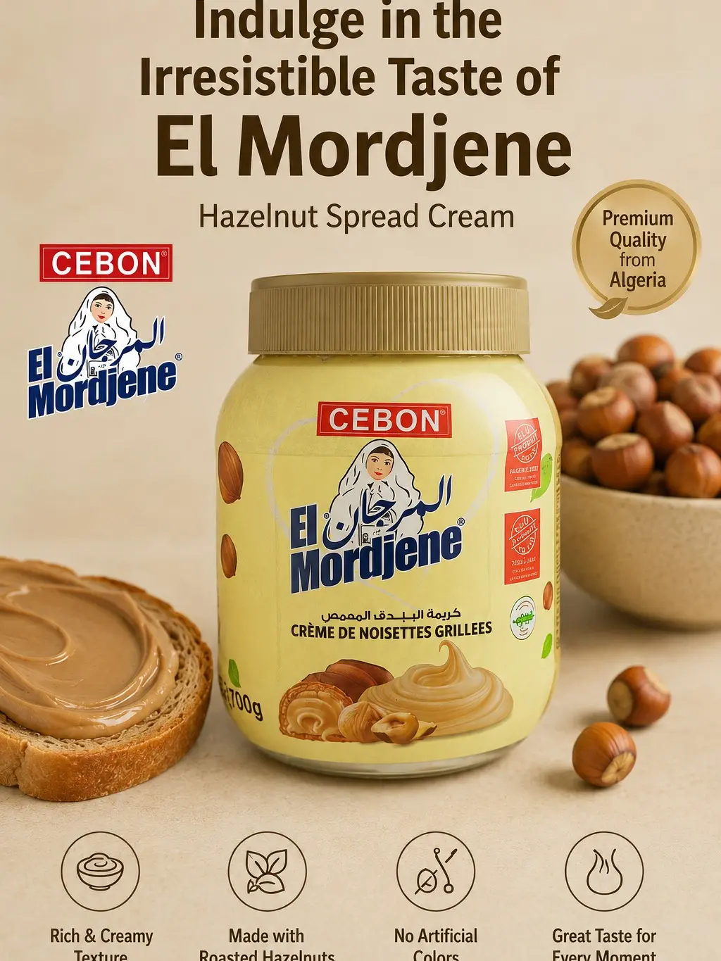 CEBON Traditional Roasted Hazelnut Spread Cream - 1 Jar (700g) Pantry-Cupboard Ready Shrink-Wrapped Jar, Ambient-Room Temp Safe, Shelf-Stable Authentic Algerian Preserve, North African Flavor Roasted Nuts Snack with Palm Oil, Enhancing Dishes, Sweet