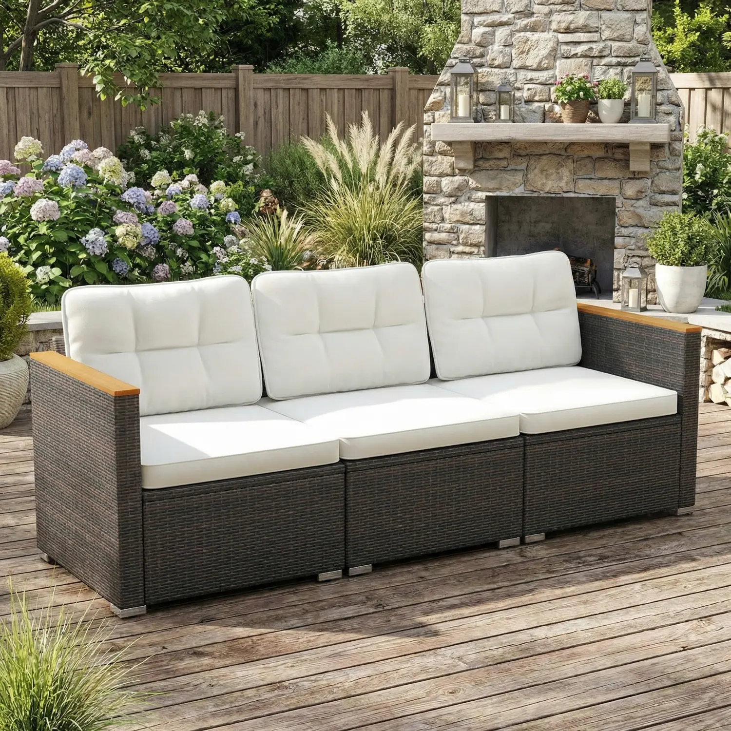 Spaco 3-Seater Outdoor Sectional Sofa - Sturdy Rustic Outdoor Furniture with Stable Metal-Wood Frame, Deep Seating, Removable Cover Cushions, Adjustable Foot Pads, Easy Maintenance, 400lb Weight Capacity for Garden, Backyard