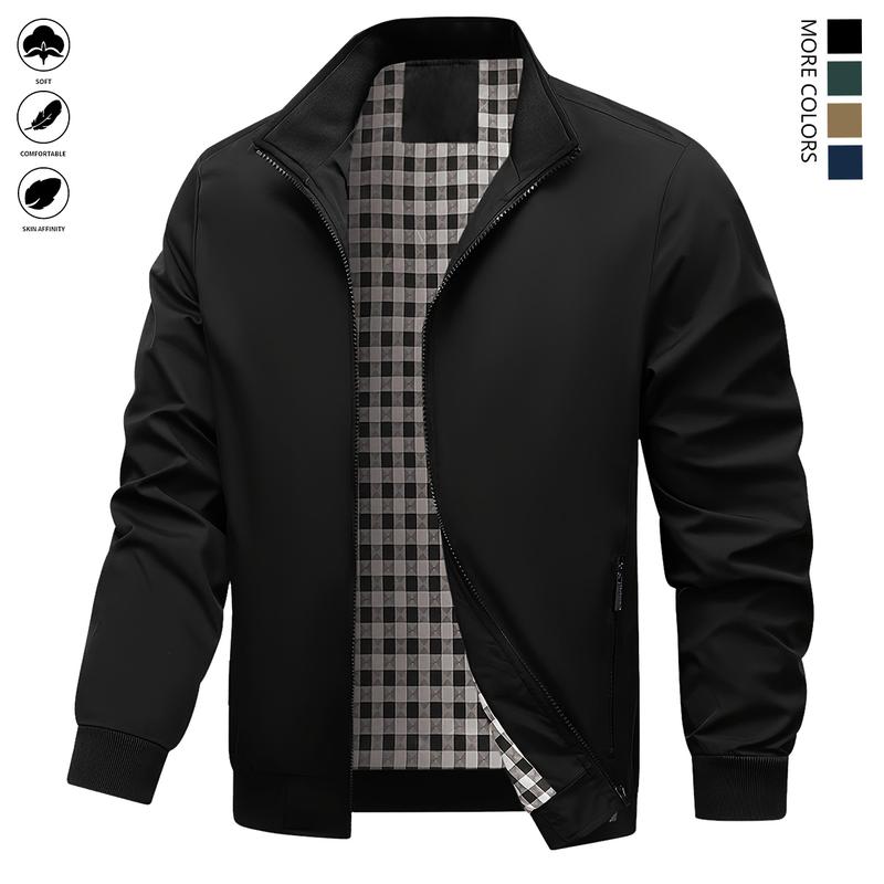 Men's Lightweight Polyester Jacket - Non-Stretch Formal and Daily Jacket, Stand Collar Design, Zipper Pocket - Office, Work Clothing, Spring and Autumn Casual Outerwear - Easy Care Professional Suit, Simple Style, Washable Fabric