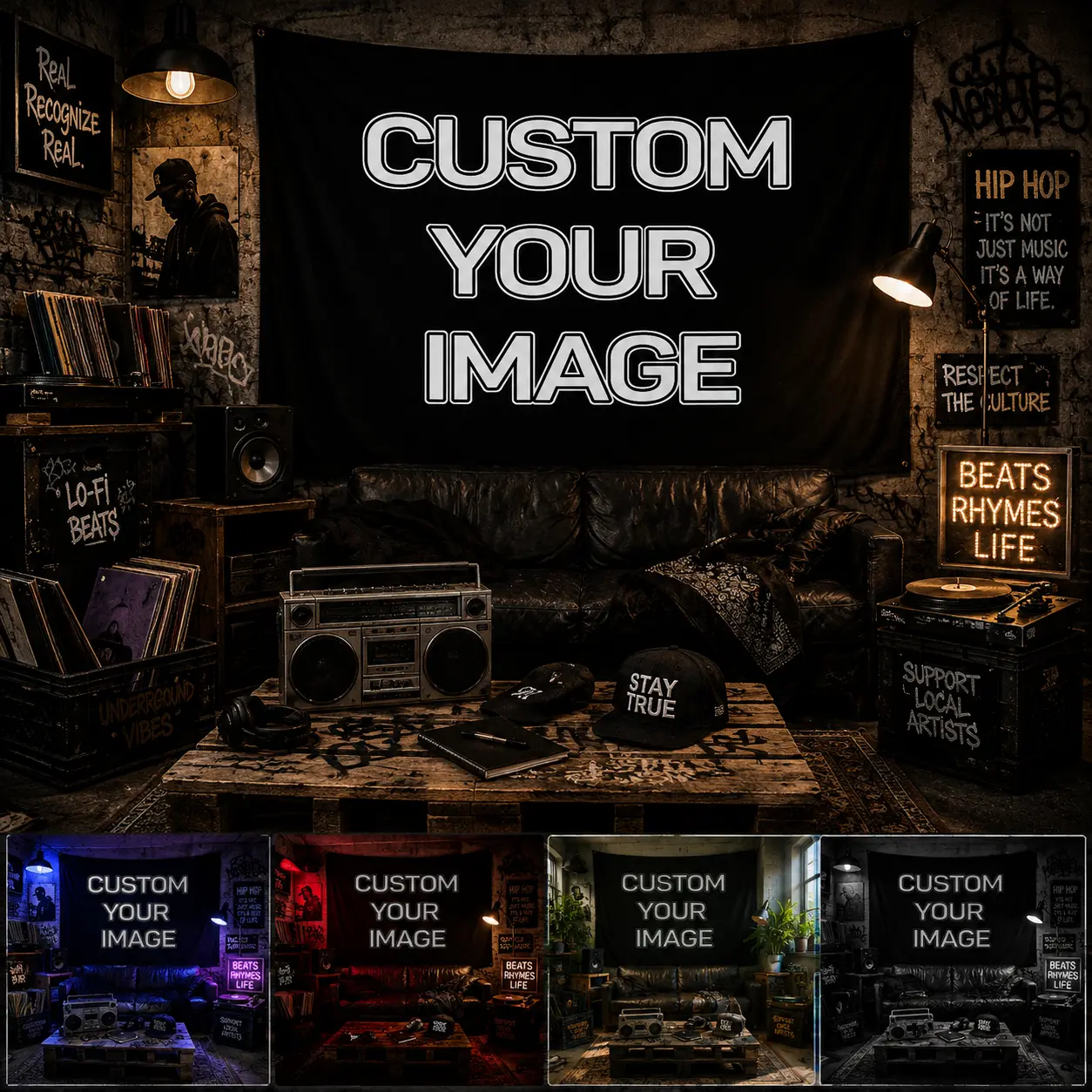 Custom Photo Printed Polyester Tapestry - Vintage Glam Music Party Backdrop with Retro Street Room, Boombox, Cassette, Speaker Decor (Photo Custom Home Decor Supply)