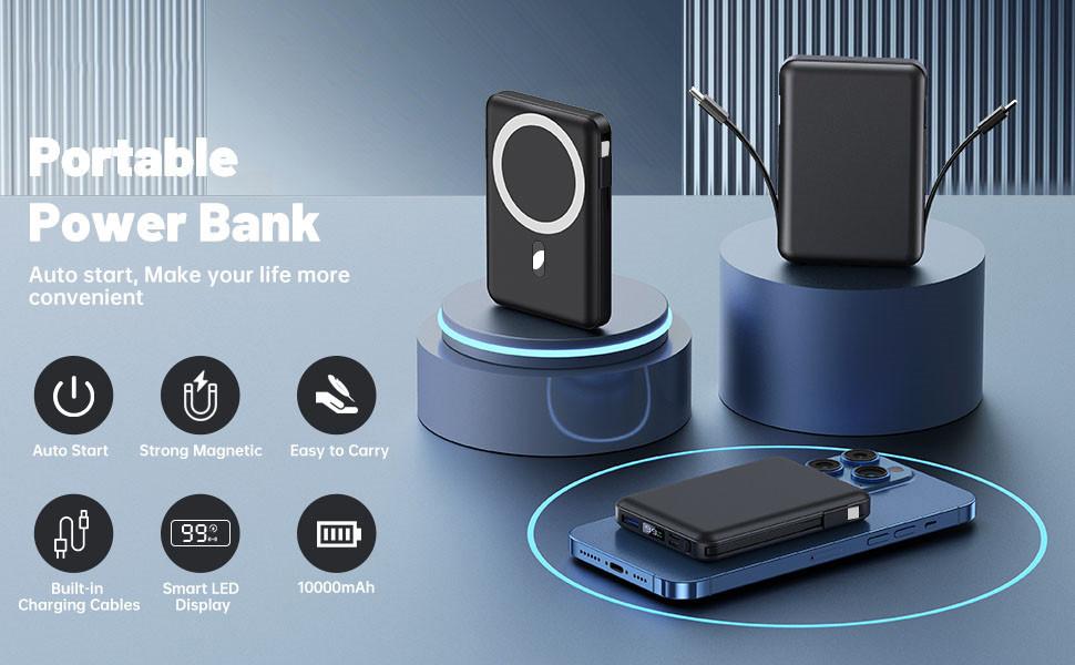 Magnetic Wireless Power Bank - 10000mAh Magnetic Portable Chargers 22.5W PD Fast Charging with Built-in Cables LED Display, Slim Magnetic Battery Pack for Phone Accessories Smartphone Mobile Chargeable Rechargeable Usb