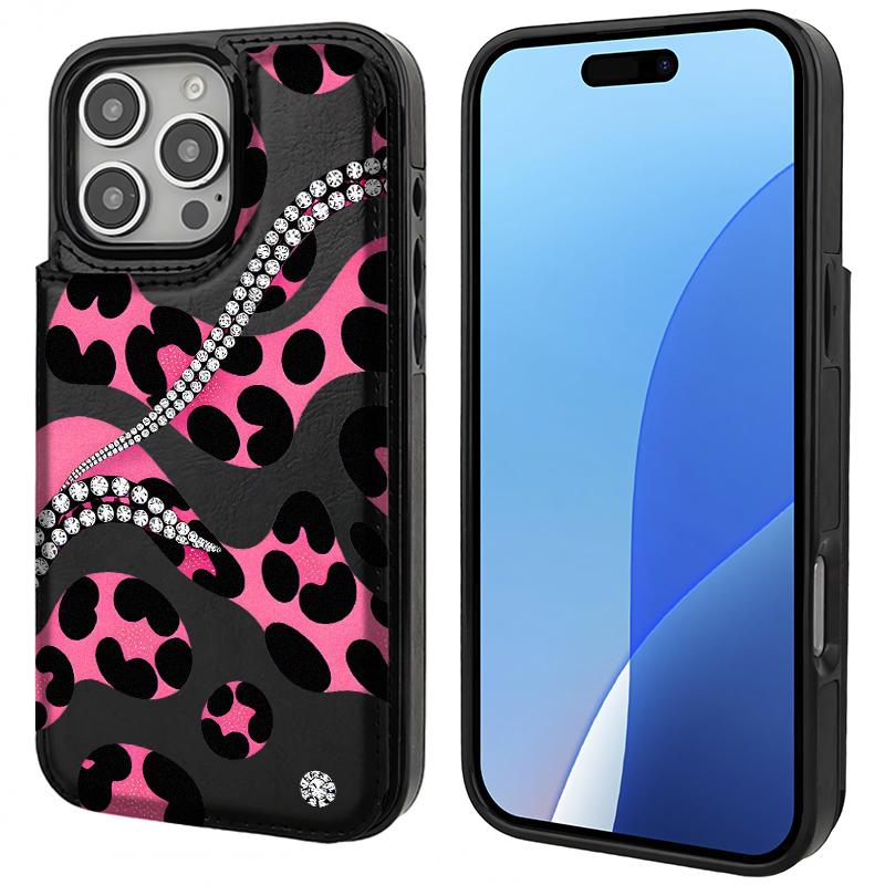 Diamond leopard print Pattern Phone Cases Compatible For With iphone 17 16 15 14 13 12 PRO PLUS MAX AIR PU Black Brown Pink Durable Flip High quality Leather Credit Card Bag Holder Mother Gift Wallet Shockproof Anti-Drop Full Protection Shell Cover