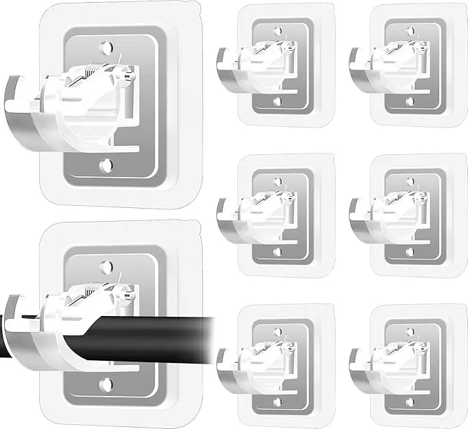 White Plastic Wall Mount Cable Management Clips - 8-Pack, Easy Installation, Secure Hold for Cable and Wire Organization