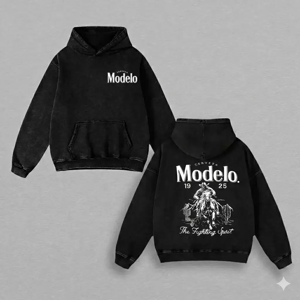 Modelo Vintage Washed Hoodie – Two-Sided Logo Graphic Oversized Unisex Streetwear