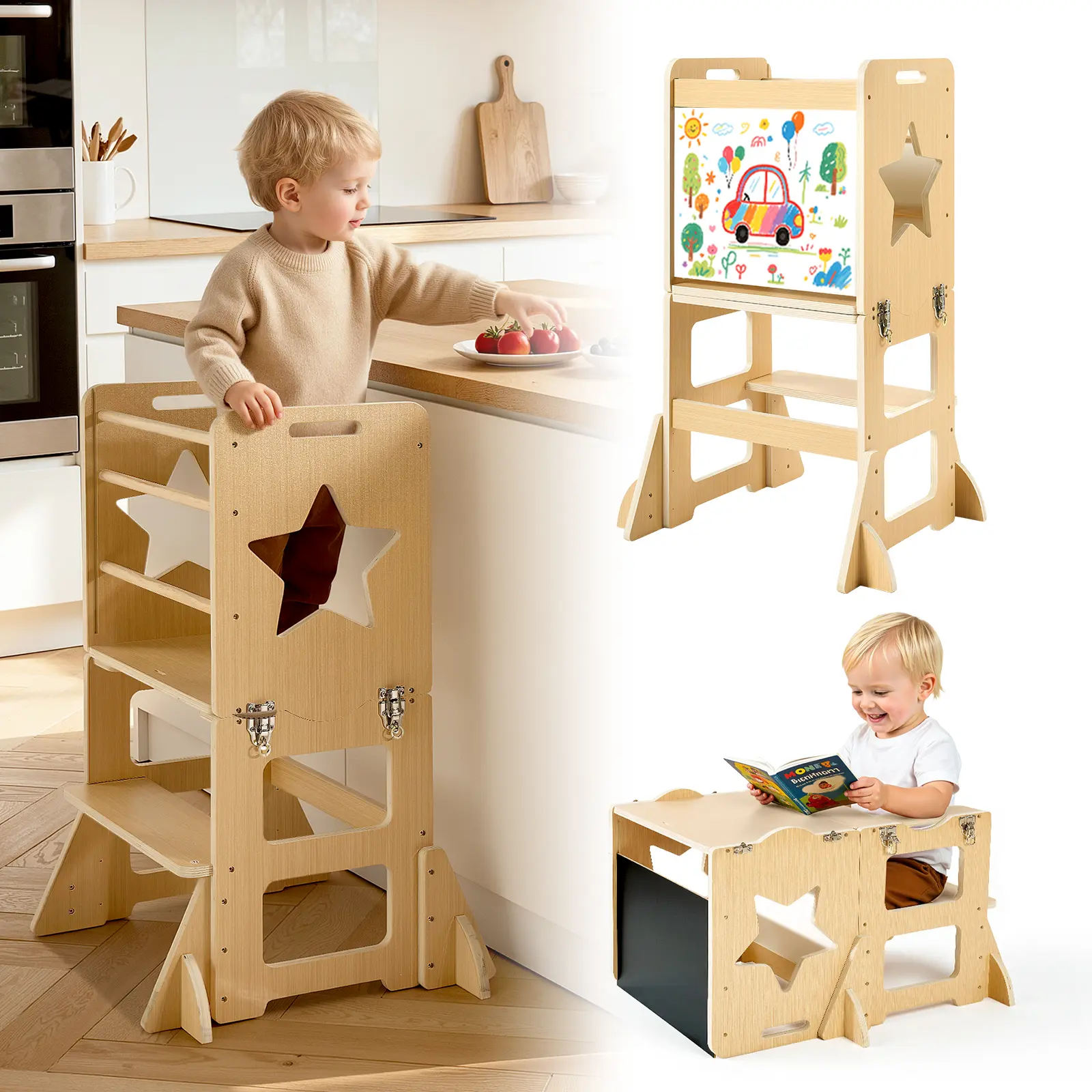 VEVOR 4-in-1 Poplar Plywood Montessori Toddler Tower Furniture Set, Sturdy Stable Kitchen Step Stool for 1-5 Yrs Kids (132lb Capacity), Table & Chair Set with Chalkboard, Easy to Clean, Flexible Conversion for Creative Learning Space, Ideal for Holidays,